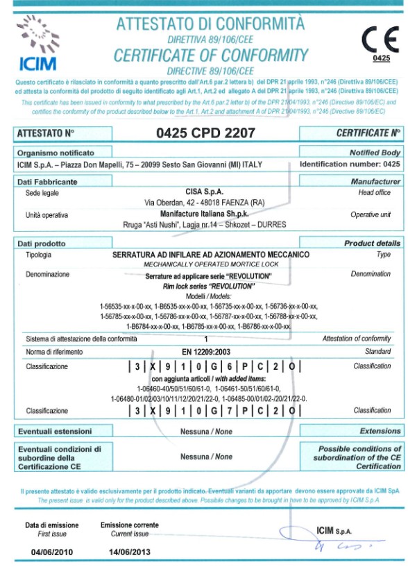 Сертифікація за європейським стандартом EN 12209:2003 Сертифікат гарантії якості двосистемних замків CISA