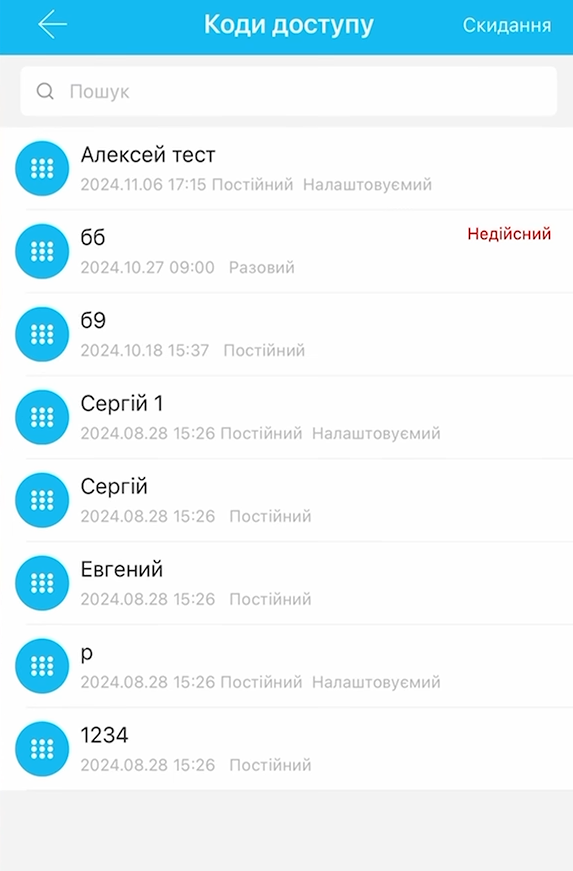 Перелік різних кодів доступу до дверей