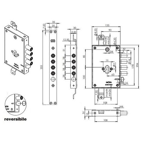 Механізм замка MOIA E754/280DF (BS63*85мм) стандартний без блокування - Фото №3