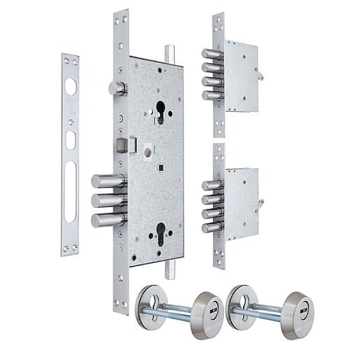 Механізм замка MUL-T-LOCK 415G Двосистемний (BS63*85мм) хром комплект + 2 протектора матовий нікель - Фото №1