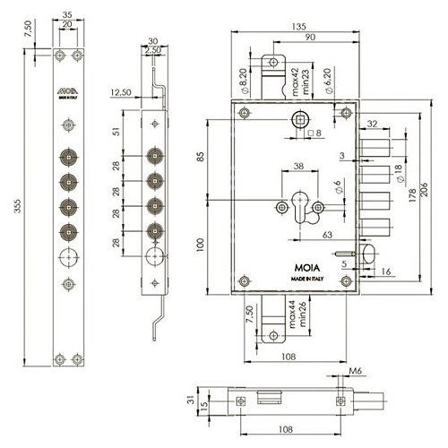 Механізм замка MOIA 7654/280DFB/S1D5 (BS63*85мм) двосистемний - Фото №7
