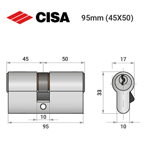 Циліндр CISA C2000 95 (45*50) нікель матовий 5 ключів - Фото №8