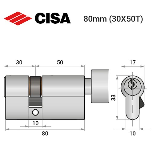 Циліндр CISA C2000 80T (30*50T) нікель матовий 5 ключів - Фото №10