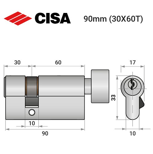 Циліндр CISA C2000 90T (30*60T) нікель матовий 3 ключі - Фото №10