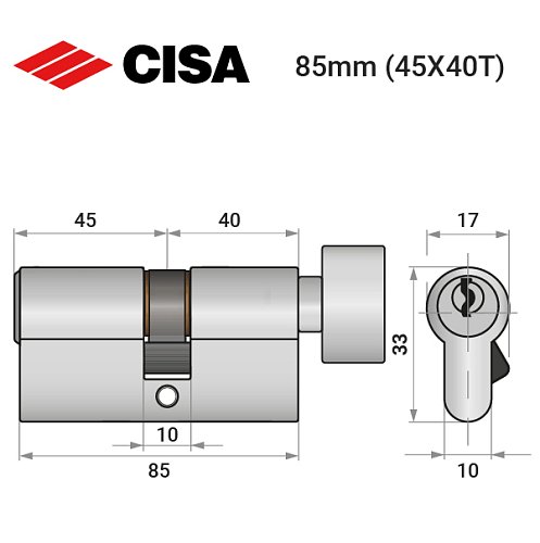 Циліндр CISA C2000 85T (45*40T) нікель матовий 3 ключі - Фото №10