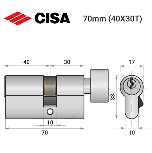 Циліндр CISA C2000 70T (40*30T) нікель матовий 5 ключів - Фото №10
