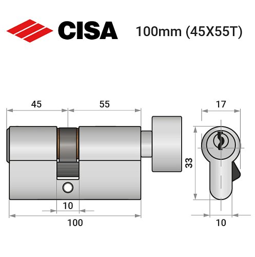 Циліндр CISA C2000 100T (45*55T) нікель матовий 5 ключів - Фото №10