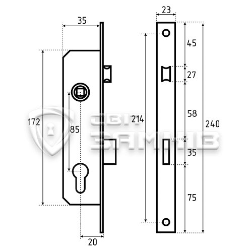 Механізм замка KALE 153 U-20 (23 mm) (BS20*85мм) хром - Фото №5