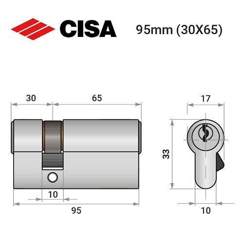 Циліндр CISA C2000 95 (30*65) нікель матовий 3 ключі - Фото №8