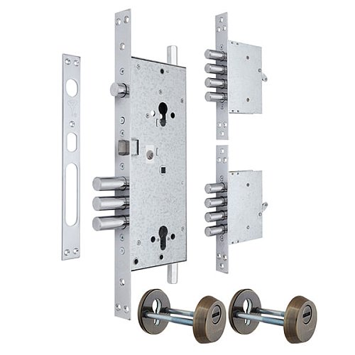 Механізм замка MUL-T-LOCK 415G Двосистемний (BS63*85мм) хром комплект + 2 протектора ант.бронза - Фото №1