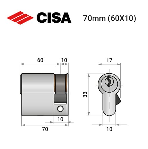 Циліндр половинка CISA C2000 70 (60*10) нікель матовий 3 ключі - Фото №20