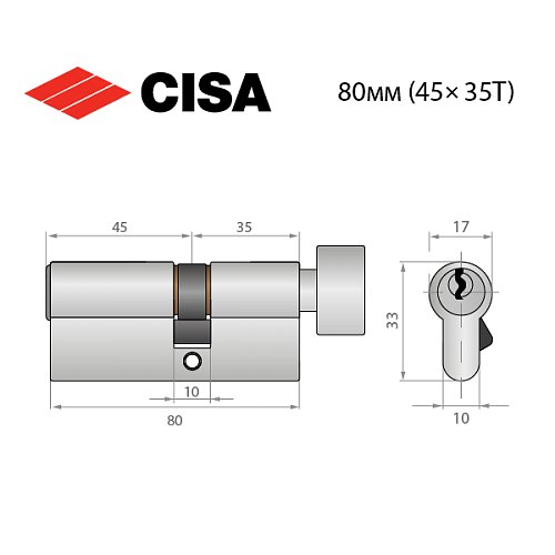 Циліндр CISA C2000 80T (45*35T) чорний 5 ключів - Фото №10