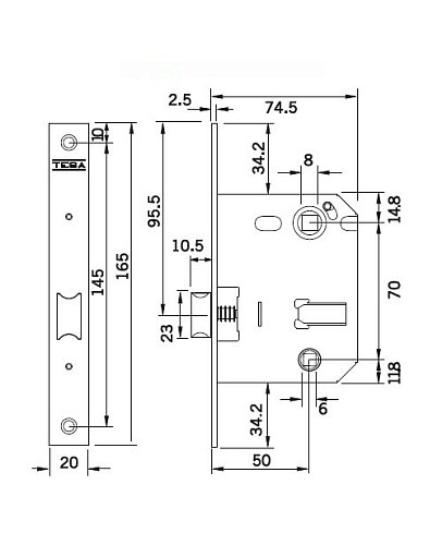 Механізм замка TESA 134U WC (BS50*70мм) матовий хром - Фото №5