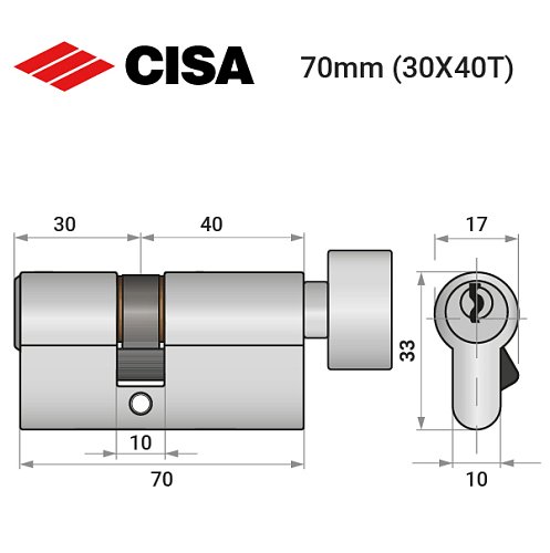 Циліндр CISA C2000 70T (30*40T) нікель матовий 5 ключів - Фото №10