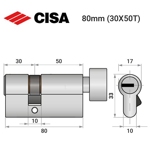 Циліндр CISA ASIX P8 80T (30*50T) нікель матовий 3 ключі - Фото №9