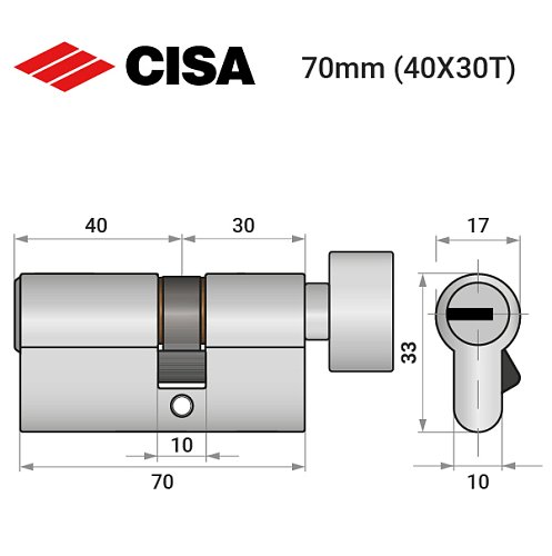 Циліндр CISA ASIX P8 70T (40*30T) нікель матовий 5 ключів - Фото №9