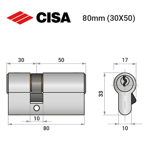 Циліндр CISA C2000 80 (30*50) нікель матовий 3 ключі - Фото №8
