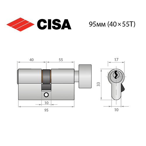 Циліндр CISA C2000 95T (40*55T) нікель матовий 3 ключі - Фото №10