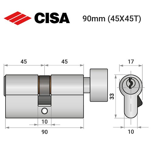 Циліндр CISA C2000 90T (45*45T) нікель матовий 3 ключі - Фото №10