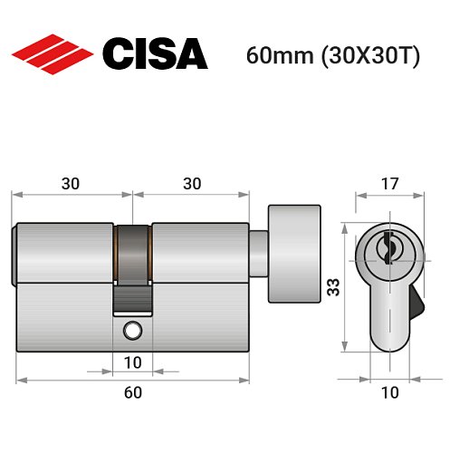 Циліндр CISA C2000 60T (30*30T) нікель матовий 5 ключів - Фото №10