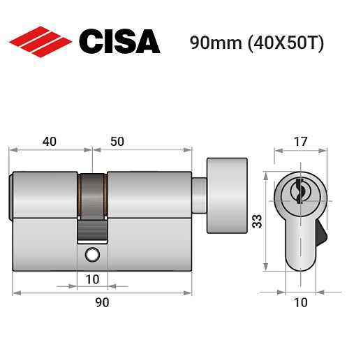 Циліндр CISA C2000 90T (40*50T) нікель матовий 3 ключі - Фото №10